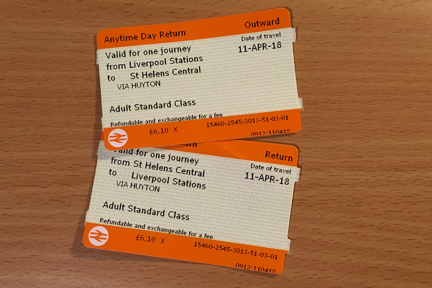 Tickets, Liverpool LS-St. Helens Central-Liverpool LS 
 My return tickets from Liverpool Lime Street to St. Helens Central. I was out and back in in one and a half hours and the wife was still not ready for breakfast!