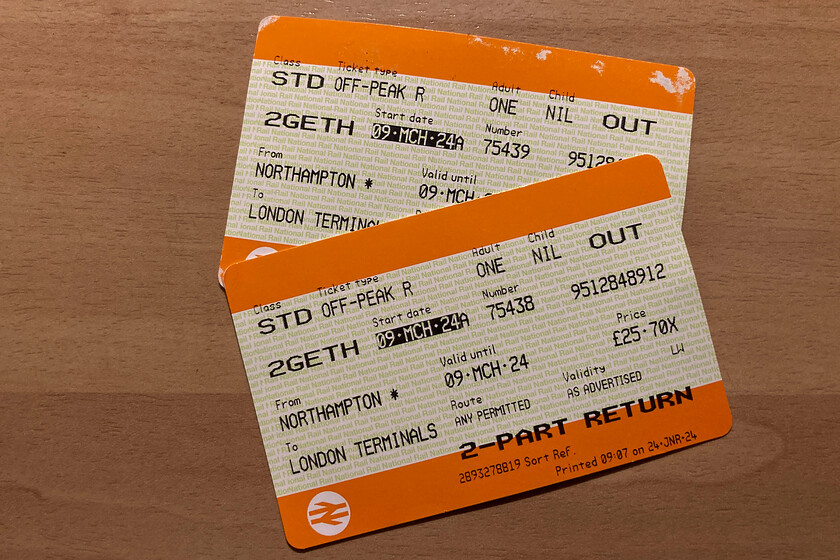 Tickets, Northampton-London Euston 
 As the train was so crowded, I was unable to take some customary images as we pass Wembley Yard. So, here is the final photograph of the day, the outward off-peak tickets that my wife and I used. 
 Keywords: Tickets Northampton-London Euston