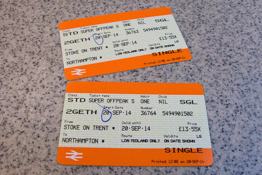 Tickets (return singles), Stoke-on-Trent-Northampton via Rugby 
 Having taken a taxi back to Stoke station from Quicks on Newcastle Road due to their inability to accurately describe a car that they had for sale my wife and I had to purchase a pair of single tickets home to Northampton that were effectively walk-on fares. Luckily due to the time of travel they were super off peaks so were marginally more than the outward singles in the morning at 13.55 each. Needless to say, Quicks were unhelpful when it came to reimbursing our costs! 
 Keywords: Tickets return singles Stoke-on-Trent-Northampton via Rugby