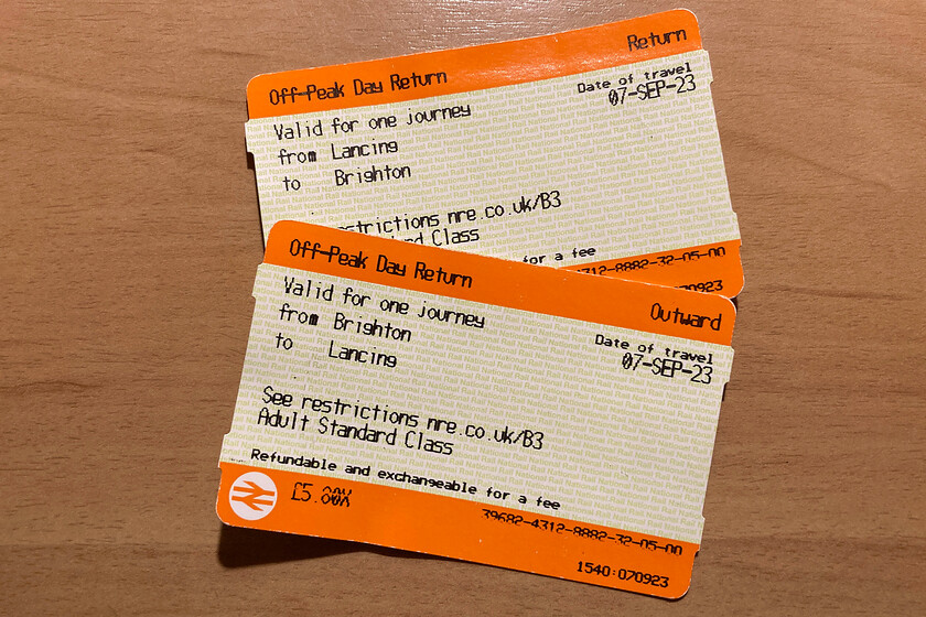 Tickets, Brighton-Lancing-Brighton 
 An off-peak day return to lancing cost me a grand total of 5.80. Eager to support their use and with less of a queue than yesterday I bought from the ticket office rather than from the machines on the concourse. 
 Keywords: Tickets Brighton-Lancing-Brighton