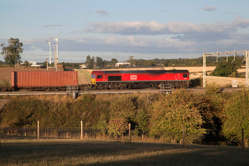 66128, 13.15 Trafford Park-London Gateway (4L46, 1E), Roade hill 
 Doing its best to pollute the landscape of rural south Northamptonshire 66128 heads south leading the 4L46 13.15 Trafford Park to London Gateway intermodal service. What a difference a few minutes make with this train in full evening sunshine but the previous one very much in the shade! This location is between the villages of Roade and Ashton taken through a gateway into a field that is the home to a large group of alpacas. 
 Keywords: 66128 13.15 Trafford Park-London Gateway 4L46 Roade hill DB