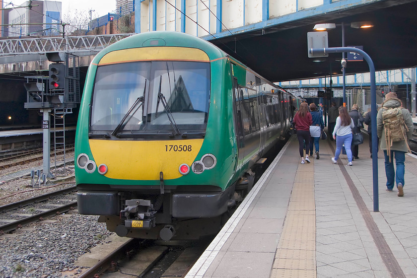 170508, LM 16.05 Birmingham New Street-Shrewsbury (1J22), Birmingham New Street station 
 Birmingham New Street's odd bay platform four is useful for trains leaving from or terminating at the station from the west. Here, 170508 is boarding in preparation to work the 16.05 to Shrewsbury, no doubt taking many shoppers home after some heavy retail therapy in the city centre! 
 Keywords: 170508 16.05 Birmingham New Street-Shrewsbury 1J22 Birmingham New Street station