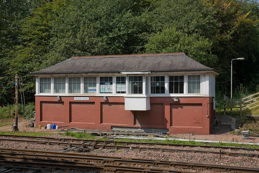 Fouldubs Junction signal box (Caledonian, 1908) 
 Fouldubs Junction signal box sits at the southern end of the Grangemouth branch controlling exit and entry into it. It's instantly recognisable as a Caledonian box that dates from 1908. It is complete with its small bay extension to aid sighting for the signalman and it is also unique being the only Scottish box located within a goods network. The line in and out of Grangemouth is to be electrified over the coming few years so one must wonder if the box has a future beyond that? 
 Keywords: Fouldubs Junction signal box Caledonian