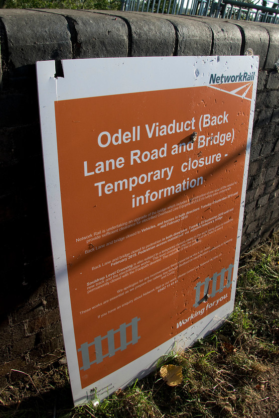 NR notice, Souldrop Back Lane bridge 
 A Network Rail notice on back lane bridge at Souldrop just north of Sharnbrook outlining the works being undertaken to partially re-build the bridge as well as to close an adjacent foot crossing. 
 Keywords: NR notice Souldrop Back Lane bridge