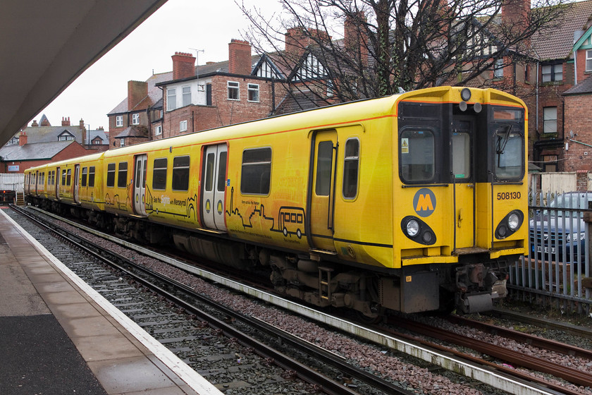 508130, stabled, West Kirby station 
 Waiting for it next duty, veteran 508130 waits in the rain at West Kirby station. This class 508 was built by BREL York in the late 1970s and has been in service on Merseyside ever since. By 2019, the new class 777 units are due to be introduced so these units will be withdrawn and scrapped. 
 Keywords: 50813 stabled West Kirby station