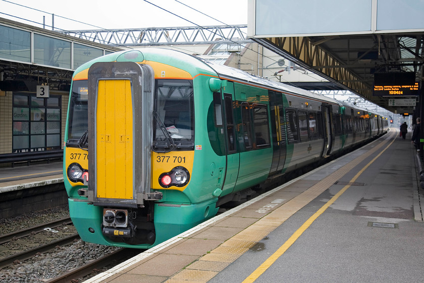 377701, SN 10.13 Milton Keynes Central-East Croydon-(2O31), Milton Keynes Central station 
 Southern's 377701 waits at Milton Keynes with the 10.13 Milton Keynes Central to East Croydon. I find it slightly incongruous to see a train associated with the south of London as far north as Milton Keynes. 
 Keywords: 377701 10.13 Milton Keynes Central-East Croydon 2O31Milton Keynes Central station