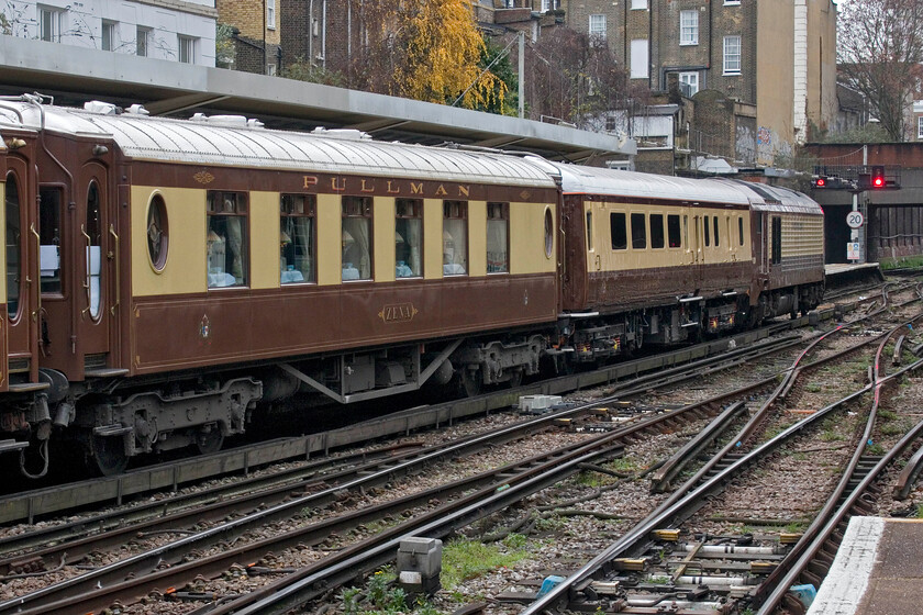 67024, outward leg of the Belmond British Pullman, 11.03 London Victoria-Gillingham (1Y40, 1E), London Victoria station 
 Due to access restrictions at Victoria, this is as close as I could get to the leading locomotive of the 11.03 Belmond Pullman charter to Gillingham. 67024 would lead the 1Y40 with passengers enjoying a sumptuous trip aboard the vintage stock one carriage of which is seen here. Number 254, named 'Zena' was built for the GWR by Metropolitan Cammell Carriage and Wagon Company in 1928. Luxurious as they are I am not too sure how well they ride at speed on their ageing bogies so the average speeds of these Belmond charters are always kept deliberately slow so as to not spill after-dinner port! 
 Keywords: 67024 Belmond British Pullman 11.03 London Victoria-Gillingham 1Y40 London Victoria station