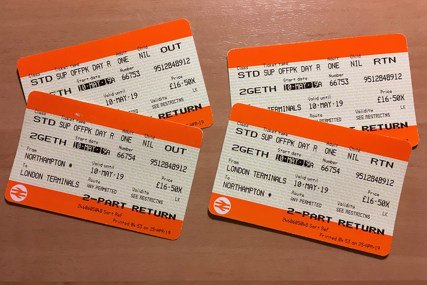 Tickets, Northampton-London Euston-Northampton 
 Due to us not knowing what time the play we went to London for would finish, my wife opted for open super off-peak return tickets. Not bad value this time for the two of us. 
 Keywords: Tickets, Northampton-London Euston-Northampton