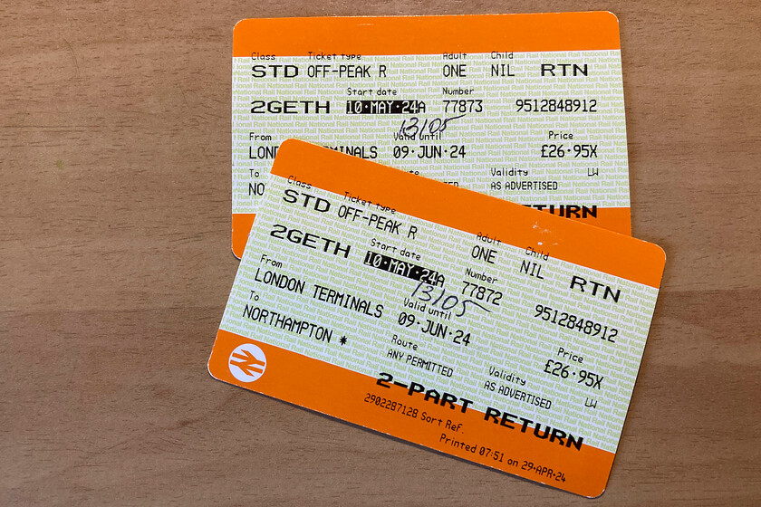 Tickets, London Euston-Northampton 
 Our return off-peak tickets for our journey back from Euston to Northampton. We had a revenue protection ticket check on the return journey that made a change from the more usual approach taken by London Northwestern where tickets are very rarely checked even on arrival at Northampton with the barriers more often than not unmanned and open. 
 Keywords: Tickets London Euston-Northampton