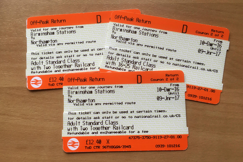 Tickets, Birmingham New Street-Northampton 
 Our return tickets from Birmingham to Northampton. 
 Keywords: Tickets Birmingham New Street-Northampton