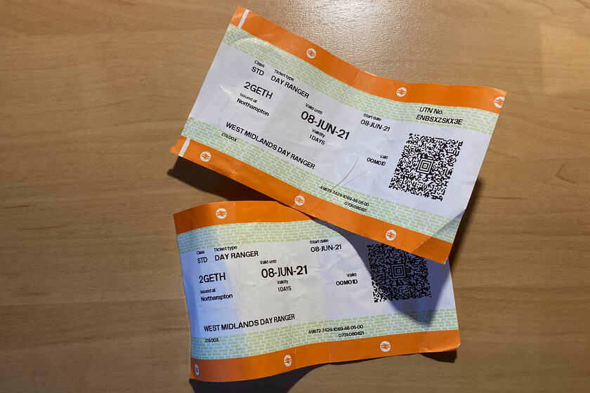 Tickets, West Midlands Ranger 
 Our pair of West Midland Day Ranger tickets looking a little crumpled but having been well used throughout the day. The cost us 19 each and we travelled exactly three hundred miles from start to finish. However, taking out the two journeys not valid on the tickets takes the total down to two hundred and forty-eight miles equating to 7.6 pence/mile that is not bad value really! 
 Keywords: Tickets West Midlands Ranger