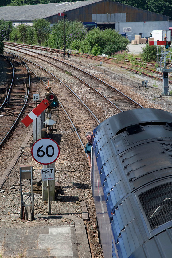 43162, GW 07.06 London Paddington-Penzance (1C73, 38L), Truro station 
 Sighting at Truro is tricky so the driver of the HST has had to leave his seat and is seen peering back down his train looking for the RA from the station dispatchers. The power car is 43162 and the working is the late running 07.06 Paddington to Penzance. 
 Keywords: 43162 1C73 Truro station