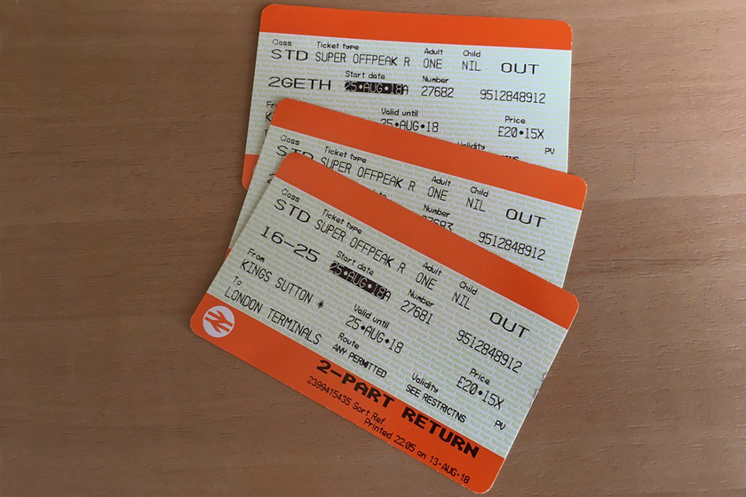 Tickets, Kings Sutton-London Marylebone 
 Our outward tickets from King's Sutton to London Marylebone. The Super OP return was 40 for the three of us, not bad value I suppose but we have had cheaper on our usual line from Northampton. However, both these fares are good value compared with the ludicrous prices on the Midland line from Wellingborough. These East Midlands fares are consistently higher by a large margin so this is a route that we very rarely take.