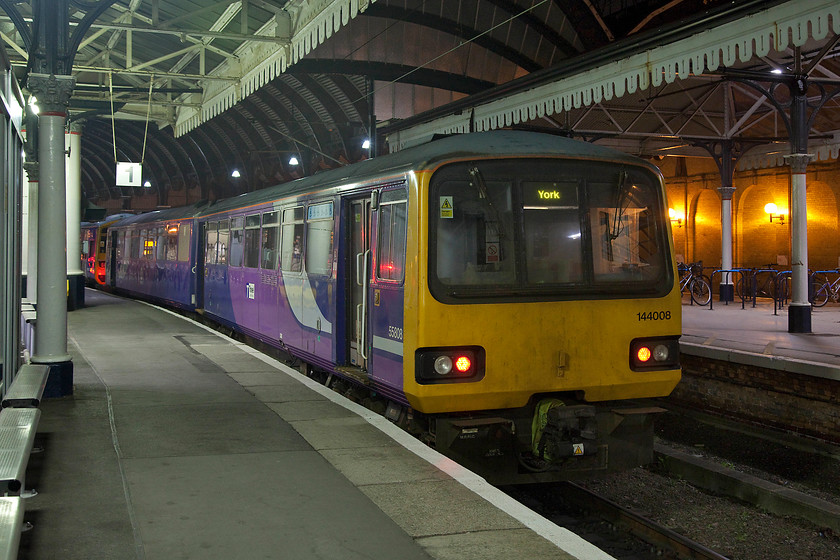 144008, stabled, York station 
 A scene soon to disappear as the Pacers are withdrawn from service by the end of the year. 144008 is one of thirteen two-car units operated by Northern and is seen stabled at York station. 
 Keywords: 144008 York station