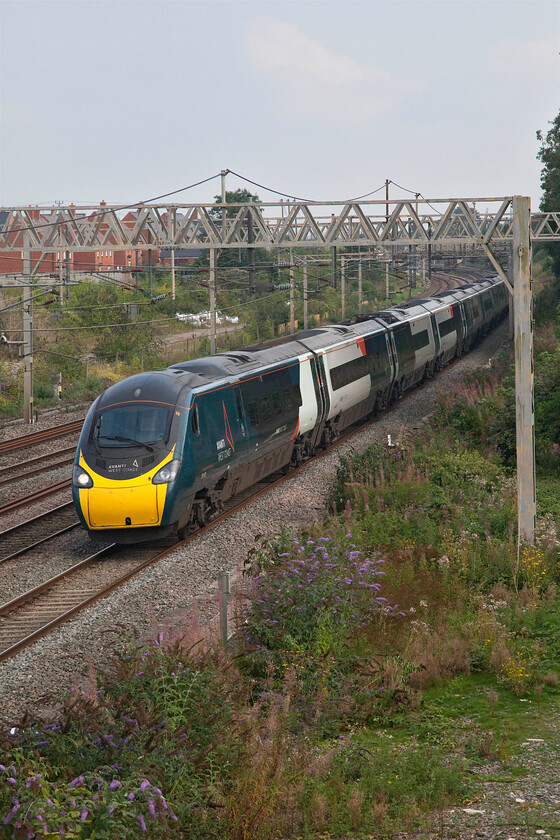 390103, VT 16.27 London Euston-Manchester Piccadilly (1H71, RT), site of Roade station 
 390103 passes the site of Roade's former station working the 16.27 Euston to Manchester Piccadilly train. It is alarming how the lineside vegetation in the foreground has grown so rapidly this summer at this relatively new photgraphic spot. Comparing it with a photograph taken just eighteen months ago, see...... https://www.ontheupfast.com/p/21936chg/28612412004/x350116-350127-12-34-london-euston makes me realise that I probably have another summer of taking unrestricted views at this location before it becomes tricky unless Network Rail (or GBR as they will soon become) descend with their strimmers. 
 Keywords: 390103 16.27 London Euston-Manchester Piccadilly 1H71 site of Roade station Avanti West Coast Pendolino