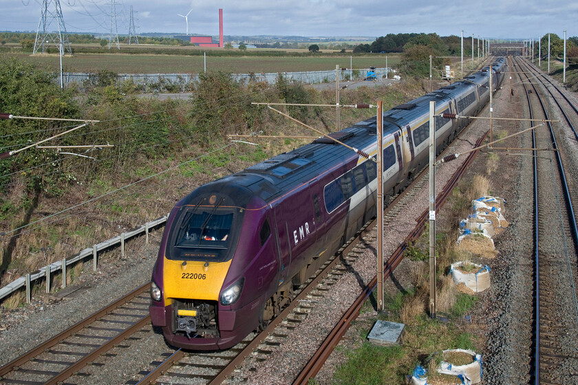 222006 & 222016, EM 09.50 Nottingham-London St. Pancras (1B31, 31L), Park Road bridge TL020390 
 Something had obviously gone wrong at Nottingham prior to the departure of the 1B31 service to St. Pancras as it left half an hour late and it never regained this lost time. In all honesty, this is the sort of train that TOCs cynically cancel as it becomes a bad statistic for them and delay-repay is activated. The problem was probably stock related as a completely different pair of EMR Meridians were shown on RTT working the train rather than 222006 and 222016 seen here passing Park Road bridge just north of the Ampthill tunnels. 
 Keywords: 222006 222016 EM 09.50 Nottingham-London St. Pancras 1B31 Park Road bridge TL020390 EMR Meridian