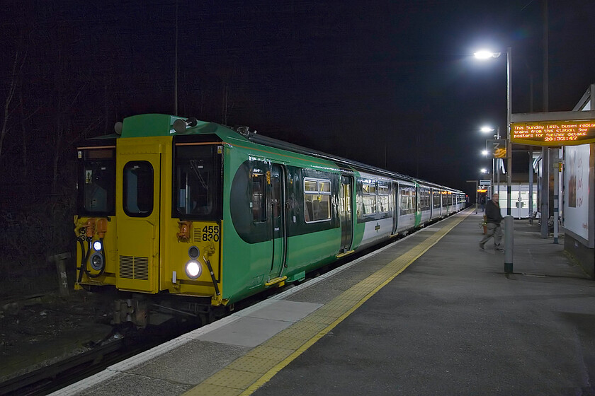 455830, SN 20.59 Dorking-London Victoria, Dorking station 
 Constructed by BR in 1983 based around their tried and tested Mk. III coach the Class 455s have done sterling work on the Southern Region for many years even if they are the ugly ducklings of the network! 455830 stands on Dorking's platform three waiting to work the evening's 20.59 Southern service to Victoria. This is the last picture of the day so it is now time to head for home negotiating a large chunk of the western side of the M25 in doing so; let's hope that it's clear! 
 Keywords: 455830 20.59 Dorking-London Victoria Dorking station Southern