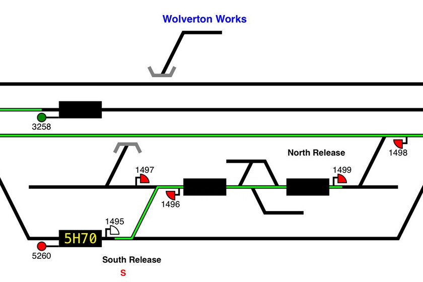 RTT screen grab showing 5H70 
 Getting trains in and out of Gemini Rail Services Wolverton facility is a rather complicated affair with trains being forced to come to a halt on either the up or down slow lines and then reverse on to the plant's network. This screenshot shows the 5H70 Northern move from Allerton having come to a halt on the down slow line and waiting to be signalled back into the Wolverton complex. With more and more traffic passing through the works one wonders if an alternative arrangement needs exploring.