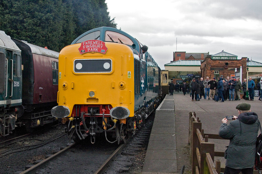 55009, 15.45 Quorn & Woodhouse-Loughborough North via Rothely, Loughborough GCR station 
 Having attended the Deltic Preservations Society AGM at Quorn and Woodhouse station members were invited to travel in a specially chartered train on the Great Central Railway back to Loughborough (GCR) hauled by 55009 'Alycidon'. Rather than going the short distance straight back to Loughborough, the train first headed south to Rothley hauled by 37714 'Cardiff Canton' followed by a run north again with 55009 at the helm. The 15.45 ex Quorn and Woodhouse is seen on arrival at Loughborough with DPS members alighting from the train. A cracking end to a great day, all credit to the DPS for laying on the event, let's hope that future AGMs attract so many members! 
 Keywords: 55009 15.45 Quorn & Woodhouse-Loughborough North via Rothely Loughborough GCR station Alycidon 55013 The Black Watch