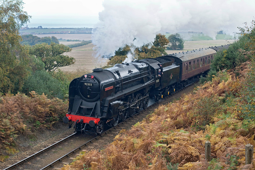 92203, 10.30 Sheringham-Holt, Kelling bank 
 The final photo taken during our holiday in Norfolk and what a smasher! 92203 'Black Prince' stretches its legs as it climbs Kelling bank with the 10.30 Sheringham to Holt. After the train has passed, I rode my back to our caravan , folded it up, packed the car and we were all home in a few hours leaving this bucolic spot for another year! 
 Keywords: 92203 10.30 Sheringham-Holt Kelling bank