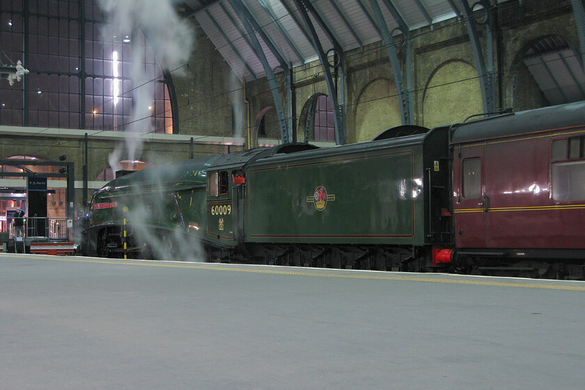 60009, 22.18 London King's Cross-Southall WCR ECS (5Z48), London King's Cross station 
 Gently sitting and simmering on the blocks at King's Cross 60009 'Union of South Africa' understandebly was catching the attention of the late night normals going about their business. It had arrived earlier having lead The Lindum Fayre charter inbound. The stock and locomotive will soon be dragged back out to Ferme Park and then back to WCR's base at Southall for servicing. 
 Keywords: 60009 22.18 London King's Cross-Southall WCR ECS 5Z48 London King's Cross station