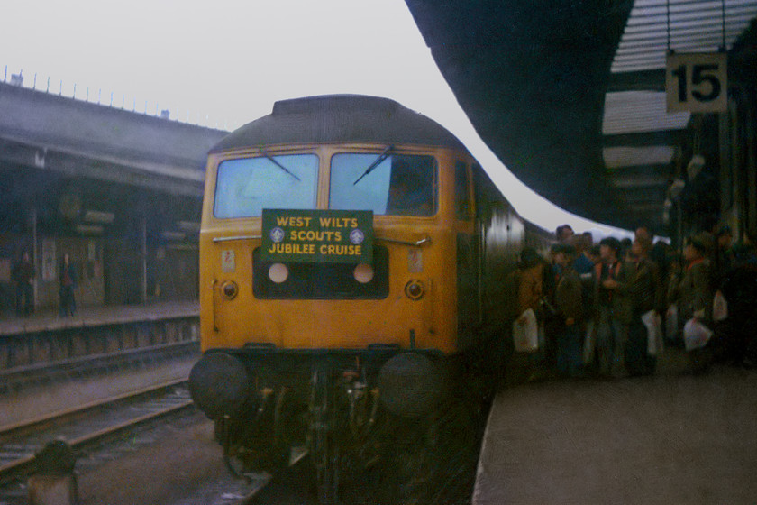 47079, West Wilts Scouts Jubilee Cruise, Westbury-York, York Station 
 Having pulled into platform 15 at York, the cubs and scouts disembark the train that they have travelled up from Wiltshire on and admire the engine. Unfortunately, I had lost the information as to the identity of the Duff but one of my readers Kevin Preynard (aka Moonraker64) owner of https://www.flickr.com/photos/51096081@N06/ fame has come to my aid. He was also on the train being a Trowbridge lad and informs me that it was 47079 'George Jackson Churchward' that led the train all the way from Westbury. The gaggle of enthusiasts, some of whom may have been York spotters, were probably delighted to see a Canton namer on their patch! I was probably less than pleased that 47079 had hauled the train being one of the most common Class 47s around West Wiltshire hence why I did not have a note of it in my book! Interestingly, this locomotive still lives on 57009 being one of DRS' acquisitions from Freightliner, see..... https://www.ontheupfast.com/p/21936chg/30021249681/x11-57009-unidentified-up-rhtt-thorpe