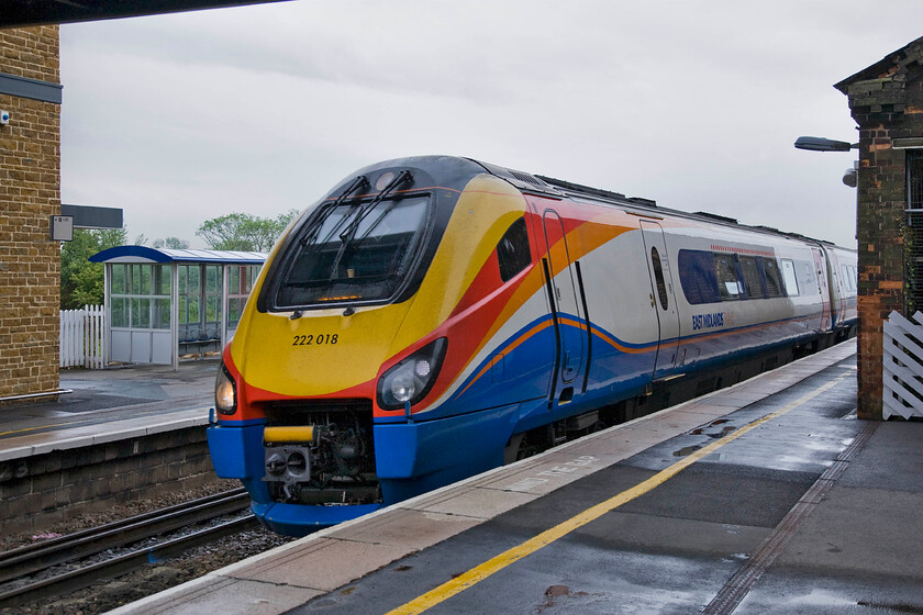 222018, EM 08.30 London St. Pancras-Nottingham (1D14), Wellingborough station 
 The first train of our journey from Wellingborough to York got us as far as Leicester. We travelled on 222018 working the 08.30 St. Pancras to Nottingham 'stopper' that is seen arriving at Wellingborough station. 
 Keywords: 222018 08.30 London St. Pancras-Nottingham (1D14) Wellingborough station EMT East Midlands Trains Meridian