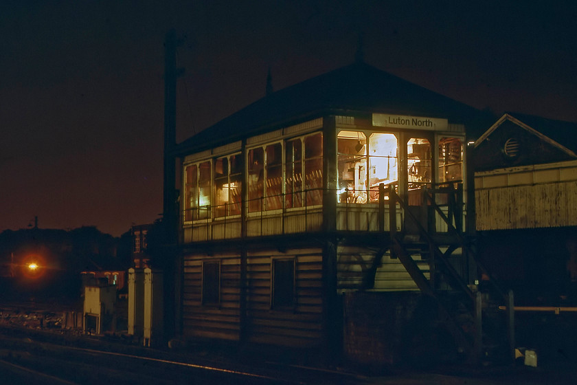 Luton North signal box (Midland, date not known) 
 After setting up camp, I am unsure as to where this was, we made a nocturnal visit to Luton station. I would have borrowed Graham's tripod to take this photograph of Luton North signal box. On a Saturday night, things would be relatively quiet for the signalman on duty, but at times this would be a busy place to work. This is another example of a Midland Type 2B constructed sometime towards the end of the nineteenth century. 
 Keywords: Luton North signal box