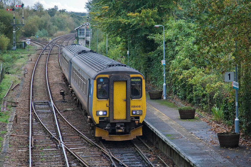 156416, LE 13.17 Great Yarmouth-Norwich, Brundall station 
 My train back from Brundall to Norwich arrives at the station worked by 156416. I travelled aboard the 13.17 ex Great Yarmouth to Norwich saying goodbye to the semaphores and signal box. Network Rail is supposed to be resignalling this area in 2017 so I am not sure if I will be back again to enjoy the Victorian infrastructure again; I hope so! 
 Keywords: 156416 13.17 Great Yarmouth-Norwich Brundall station Greater Anglia