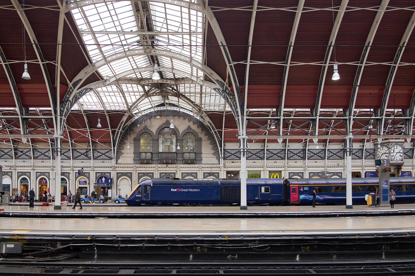 43181, 14.57 London Paddington-Bristol Temple Meads (1U19, 10L), London Paddington station 
 How many people who visit Paddington take a second to raise their heads and look up at the roof? The beautiful wrought iron work and timbering of the roof looks superb after extensive restoration by Network Rail. The station was opened in 1854 being designed for the GWR by Isambard Kingdom Brunel and Matthew Digby Wyatt. 43181 sits underneath the grandiose curves ready to leave with the 14.57 to Bristol Temple Meads diverted via Bristol Parkway due to the closure of Bath Spa. 
 Keywords: 43181 1U19 London Paddington station