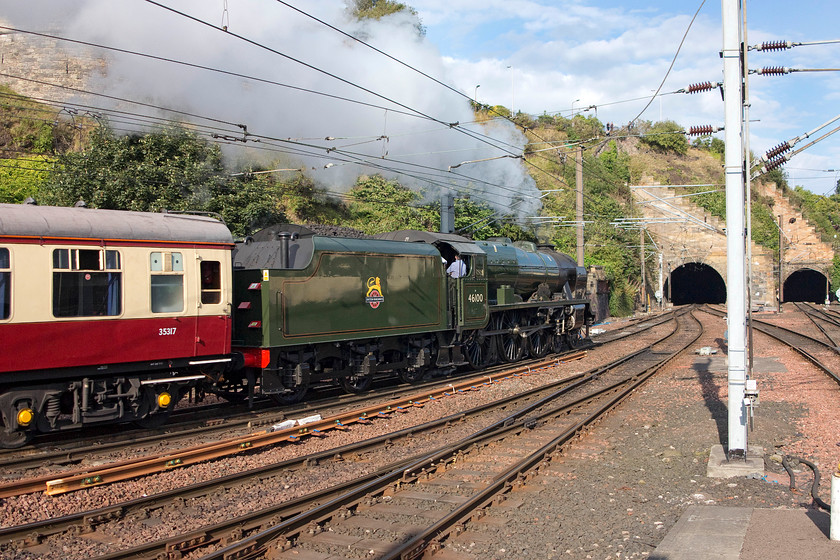 46100, outward leg of ScotRail Border`s Railway steam special, 16.46 Edinburgh Waverley-Tweedbank (1Z24), Edinburgh Waverley station 
 46100 'Royal Scot' leads the 16.46 Edinburgh to Tweedbank away from Waverley about to enter Calton North tunnel. 46100 is owned by the The Royal Scot Locomotive and General Trust along with a number of other superb icons of the steam age. 'Royal Scot' was built in 1927 by LMS for London to Glasgow express services, something it did until withdrawal in October 1962. After withdrawal, the loco. became famous for being a static display at Butlins in Skegness for many years. After moving to the Bressingham Steam Museum and a brief period in steam it went through an extensive overhaul and returned to the mainline last year in 2015. 
 Keywords: 46100 ScotRail Border`s Railway steam special 16.46 Edinburgh Waverley-Tweedbank 1Z24 Edinburgh Waverley station