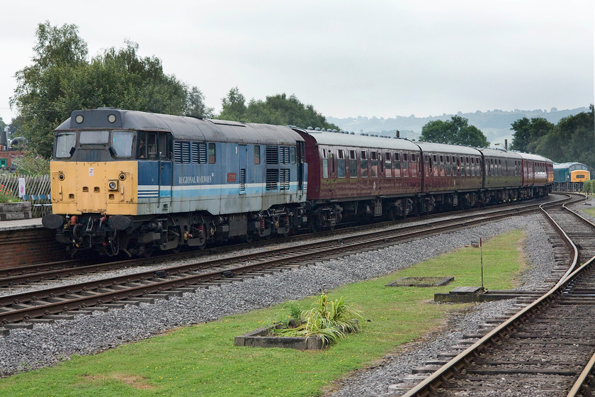 31270, 14.00 Matlock-Rowsley South, Rowsley South 
 31270 'Athena' arrives at Rowsley South station with the 14.00 from Matlock. Whilst Peak rail's facilities are on a large and interesting site, this end of the line is somewhat lacking in character, that the 'normals' may come to expect from a heritage line; this is a bit of a shame. 
 Keywords: 31270 14.00 Matlock-Rowsley South Rowsley South