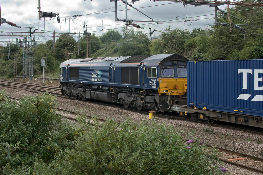 66432, 13.51 DIRFT-Purfleet (4L48, 41E), Mill Road bridge 
 Just as 37800 'Cassiopeia' dragging 317886 had gone out of shot under Northampton's Mill Road bridge behind me, 66432 drifted past on the up slow line with the 4L48 13.51 Daventry to Purfleet 'Tesco' Freightliner. I have never photographed from here before. It is not a pleasant spot down a steep embankment, through some nettles and brambles and having to stand on some steps leaning against the palisade fencing! 
 Keywords: 66432 13.51 DIRFT-Purfleet 4L48 Mill Road bridge DRS Direct Rail Services