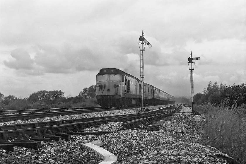 50040, 12.20 Penzance-London Paddington (1A13), Athelney 
 50040 'Leviathan' accelerates past Athelney home signal with the 12.20 Penzance to Paddington service. Note the truncated up loop in the foreground that appears to have seen little use when this picture was taken. Despite it being high summer and the middle of June, this was an awful day with persistent cloud and a lot of heavy rain showers. 
 Keywords: 50040 12.20 Penzance-London Paddington 1A13 Athelney Leviathan