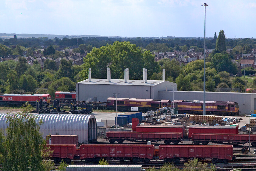 66205, 66130 & 60004, Toton depot 
 A number of stored former EWS (with some now rebranded into their DB livery) locomotives are seen at the Back of Toton's depot. From left to right are 66205, an unidentified class member is half hidden, 66130 and 60004. The Class 60 was introduced in the summer of 1991 built at nearby Brush (Loughborough) and allocated to Toton for the whole of its life. Technically, it is still designated as being 'in service'. 
 Keywords: 66205 66130 60004 Toton depot EWS DB Deutsche Bahn