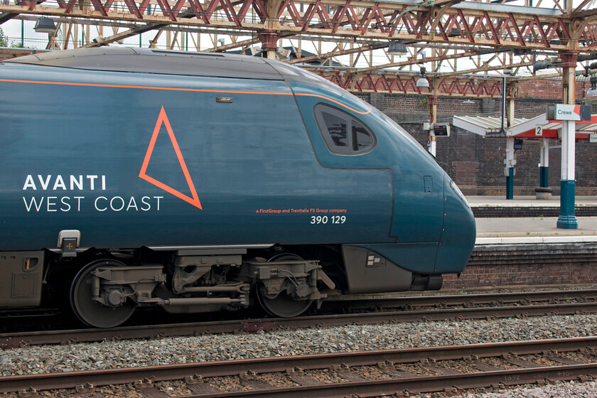 390129, VT 11.47 Liverpool Lime Street-London Euston (1A32, RT), Crewe station 
 390129 pauses at Crewe station having just arrived with the 11.47 Liverpool to Euston ATW service. I have to pinch myself when I remember that these units have been in operation on the WCML for twenty years now with the first service running on 23.07.02. They are currently undergoing a comprehensive refurbishment programme ensuring that they will remain fit for service for a number of years to come but it does not stop me from thinking about when the first ones may be withdrawn from service! 
 Keywords: 390129 11.47 Liverpool Lime Street-London Euston 1A32 Crewe station Avanti West Coast Pendolino