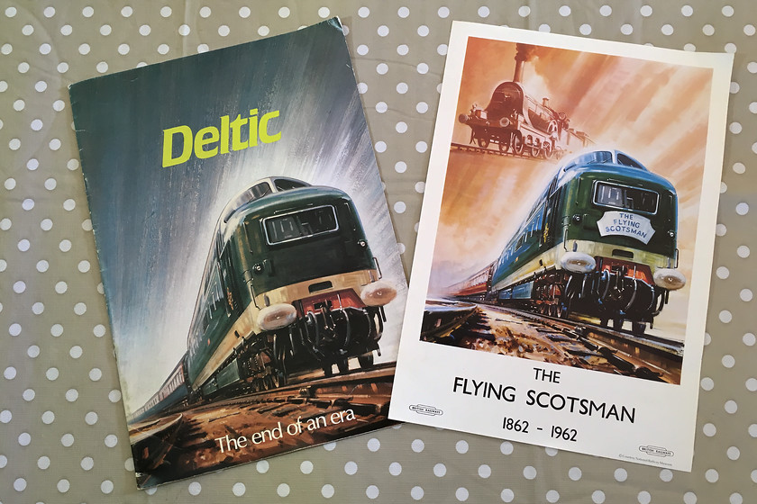 Cover, BR Deltic; the end of an era booklet (BR(E), 1981) 
 On getting back home with the image in my head of the pub sign from the Euston Road's Euston Flyer I riffled through my extensive book collection. Indeed, here is the image used to create the pub sign that came from an original British Railways poster from 1962 the copyright that is held by the National Railway Museum. The booklet was produced by BR (E) in December 1981 to mark the end of the Deltics on the ECML. Yes, the image has been reversed and altered very slightly but it is unmistakenly the same one. 
 Keywords: Cover, BR Deltic the end of an era booklet