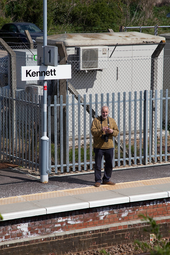 Andy, Kennett station 
 Andy poses for the camera at Kennett station. This was a cop for him but I missed the signal box as it closed in 2011! However, the box lives on having been removed and now preserved at the Colne Valley Railway in Essex. 
 Keywords: Kennett station