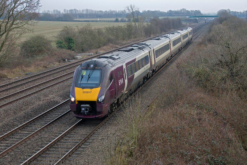 222017, EM 14.02 London St. Pancras-Sheffield (1F45, RT), Cossington SK610136 
 The 14.02 St. Pancras to Sheffield EMR service passes near Cossington worked by 222017. When I last visited this spot in 2007 there was a foot crossing about level with the front carriage of the train but like so many it has been closed by Network Rail. 
 Keywords: 222017 14.02 London St. Pancras-Sheffield 1F45 Cossington SK610136 East Midlands Railway