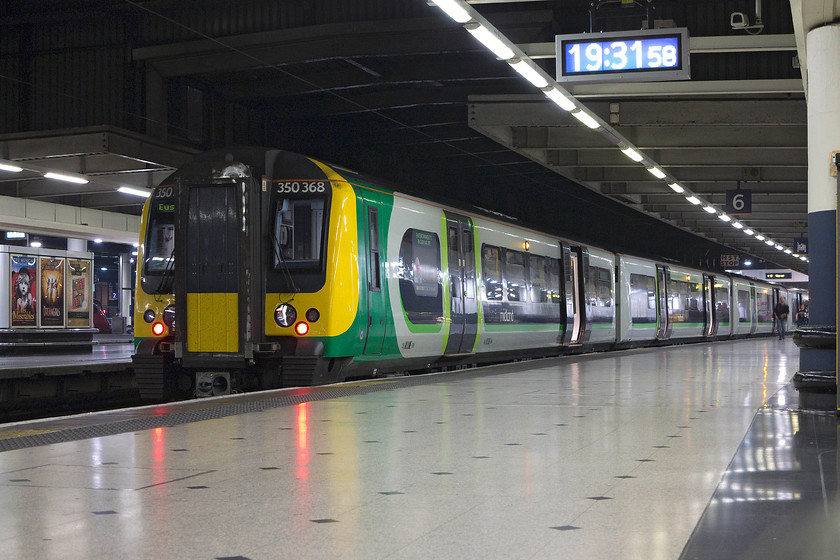 350368, LM 19.49 London Euston-Birmingham New Street (1Y79, 5L), London Euston station 
 350368 waits at platform six of Euston to work the 19.49 to Birmingham new Street. This was our train home back to Northampton on this particular evening. 
 Keywords: 350368 19.49 London Euston-Birmingham New Street 1Y79 London Euston station