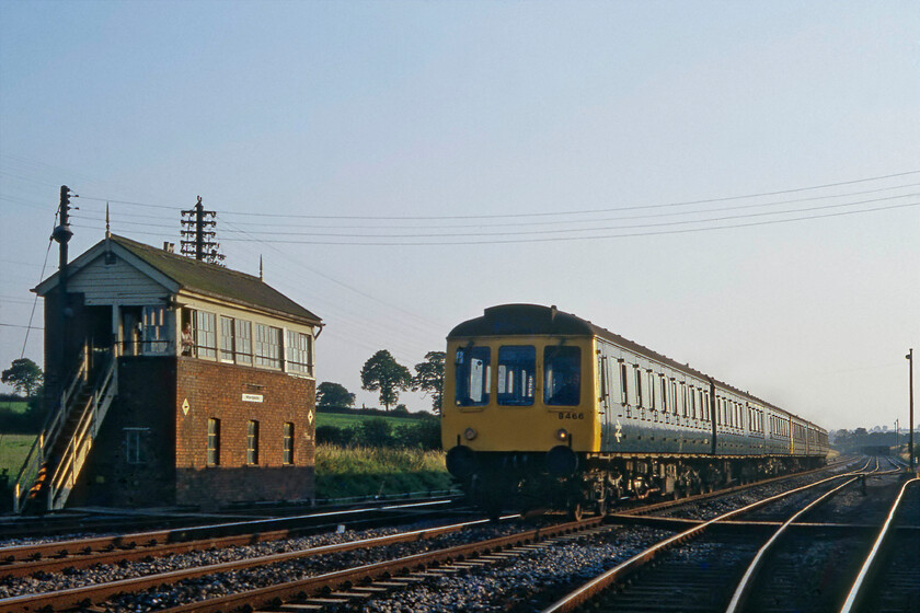 B466, 18.00 Weymouth-Bristol Temple Meads, Witham 
 I have composed this photograph much better than the last but one of the HST also on the up line at Witham in Somerset. The Class 118, set number B466 (presumably W51308, W59475 and W51323) is working the 18.00 Weymouth to Bristol Temple Meads service with another unidentified three-car set following behind. The track to the right in this image leads to the fast line from the Merehead Quarry branch. 
 Keywords: B466 18.00 Weymouth-Bristol Temple Meads Witham Class 118 DMU