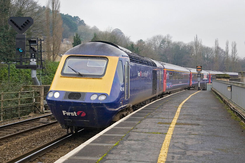 43149, GW 13.00 Bristol Temple Meads-London Paddington, Bath Spa station 
 Compared with the last image at this spot on Bath Spa station I have used a more conventional focal length to photograph the arrival of the 13.00 Bristol to Paddington HST service. The train is led by power car 43149 'University of Plymouth' which was delivered as part of set 253040 in the summer of 1981 to augment the Western Region's sets allowing increased operations into Devon and Cornwall. 
 Keywords: 43149 13.00 Bristol Temple Meads-London Paddington Bath Spa station University of Plymouth