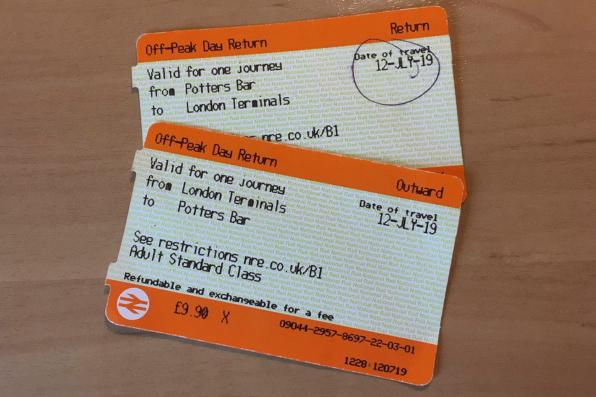 Tickets, London King`s Cross-Potters Bar-Moorgate 
 I got pretty good value out of the 9.90 off-peak return from King's Cross stopping off at a number of stations on the return journey. 
 Keywords: Tickets London King`s Cross-Potters Bar-Moorgate