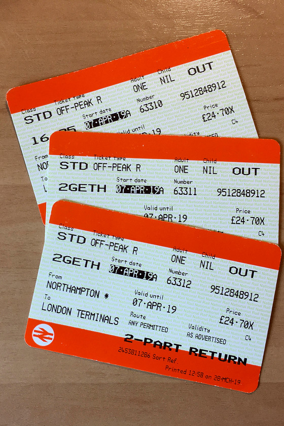 Tickets, Northampton-London Euston 
 Our outward tickets from Northampton to Euston. At 75 for a return journey, not a cheap trip given that railcard discount was loaded on and that they were off-peak. 
 Keywords: Tickets Northampton-London Euston