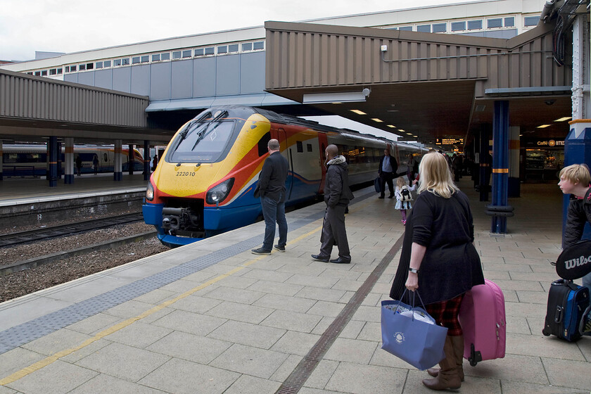 222010, EM 15.05 Nottingham-London St. Pancras (1B56), Leicester station 
 Our third and final train home completing our journey from York to Wellingborough arrives at Leicester station. The 15.05 Nottingham to St. Pancras 'stopper' or 'slow' whichever term you prefer, is being worked by Meridian 222010. Once again, a busy service where the reservation system was non-operational as is all too often the case making the scamble for seats a bit of a bunfight! 
 Keywords: 222010 15.05 Nottingham-London St. Pancras 1B56 Leicester station East Midlands Trains Meridian