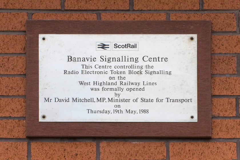 Plaque, Banavie signalling centre signal box (BR, 1987) 
 I have a pretty good knowledge of politicians and in particular transport minsters but I have to admit that the Rt. Hon David Mitchell passed me by! As can be seen in his ministerial capacity, he travelled from Westminster to the remote outpost of Banavie to open the signalling centre on 19.05.88. Searching for anything about this somewhat forgotten politician from the twilight of Thatcher's premiership reveals very little apart from references to the present day comedian of the same name! At the time of writing, his son Andrew Mitchell is an under-minister in the Cameron administration. 
 Keywords: Plaque Banavie signalling centre signal box 1987