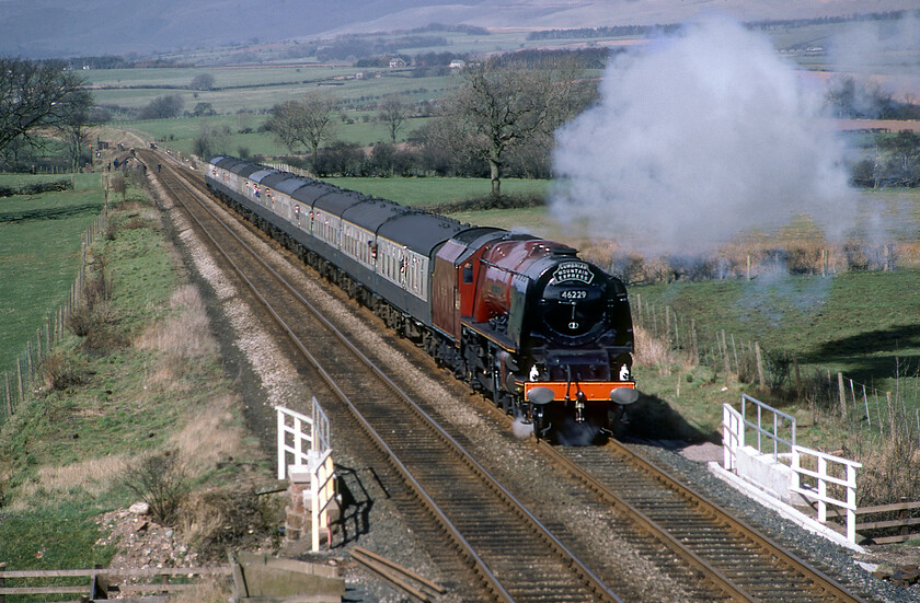 46229, outward leg of The Cumbrian Mountain Express, Carlisle-Hellifield, Keld NY675227 
 In some welcome spring sunshine 46229 'Duchess of Hamilton' is working well on the steady 1:120 rising gradient near the hamlet of Keld between Appleby and Long Marton. It is hauling the outward leg of The Cumbrian Mountain Express composed of twelve Mk. I coaches. This is the first of three photographs taken at this location with this one using my zoom lens. Close examination of the image reveals a number of enthusiasts trespassing on the tracks behind the train watching the tail as it heads south towards Appleby. 
 Keywords: 46229 The Cumbrian Mountain Express Carlisle-Hellifield Keld NY675227 LMS Princess Coronation Class Duchess of Hamilton