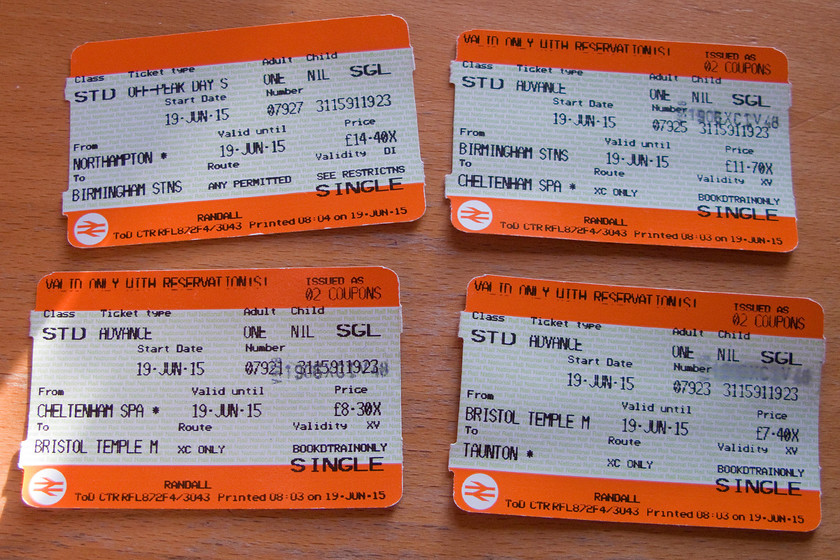 Tickets, Northampton-Taunton 
 Even though they were booked a little in advance the tickets for the journey from Northampton to Taunton was a little pricy at nearly 42. However, without splitting the journey using the split ticket anomaly it would have been over 70! 
 Keywords: Tickets Northampton-Taunton