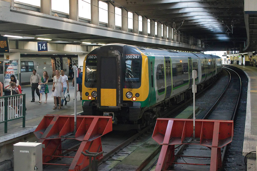 350247, LN 15.16 Rugeley Trent Valley-London Euston (1Y72, RT), London Euston station 
 Having arrived at Euston I turned my camera around to record 350247 sitting at the blocks forming the terminating 15.16 from Rugeley Trent Valley. Andy and I had travelled down on this train from Milton Keynes on this very hot day and in London, as usual, it was even hotter! The situation was exacerbated by us having to carry all our kit for our trip away including my steps, but at least they did come in useful as a much-needed seat! 
 Keywords: 350247 15.16 Rugeley Trent Valley-London Euston 1Y72 London Euston station