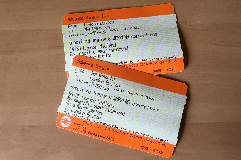 Tickets, Northampton-London Euston-Northampton 
 My return journey from Northampton to Esuton was composed of two off-peak singles. I traveled back first class as the price increase was minimal compared with standard class and would pretty much gaurnatee me a seat. 
 Keywords: Tickets Northampton-London Euston-Northampton